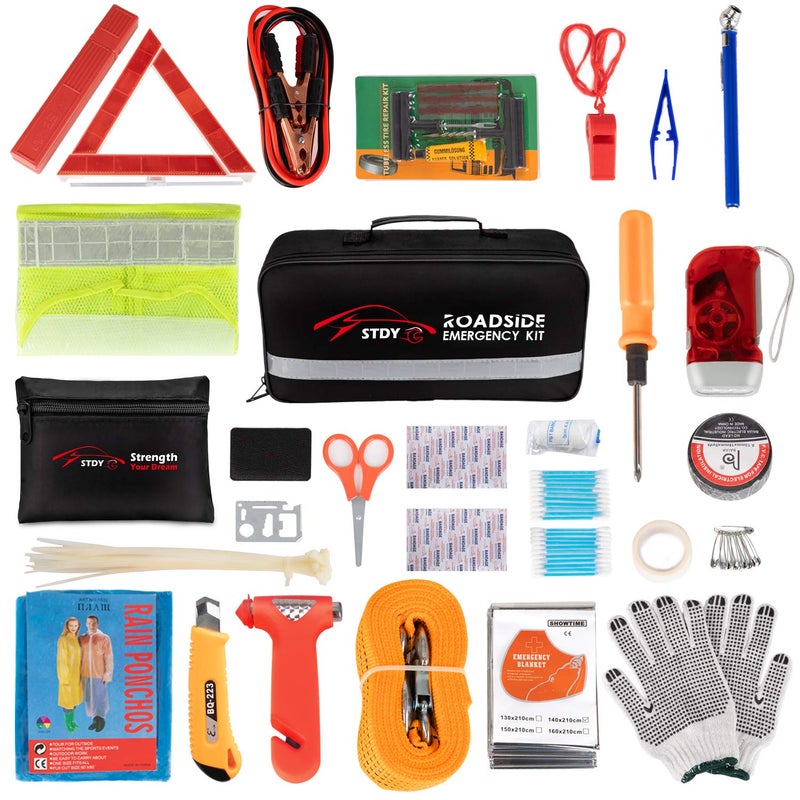 STDY Car Roadside Emergency Kit, Vehicle Truck Safety Road Side Assistance Kits Auto Accessory, with Jumper Cables, First Aid Kit, Tow Rope, Reflective Triangle, Tire Pressure Gauge, etc - Image 1