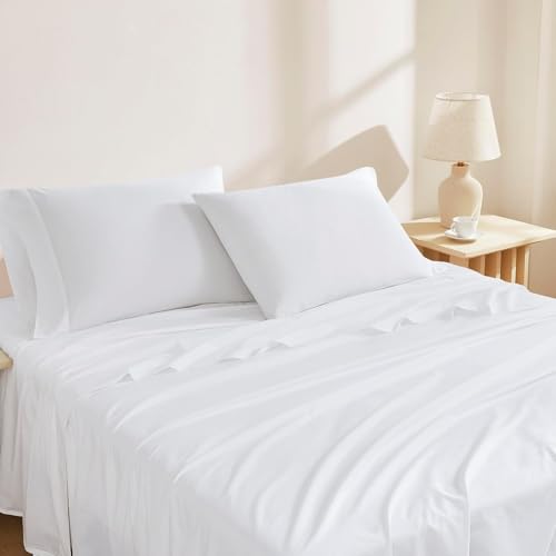 Linen Closet 100% Organic Cotton Twin Sheet 3 Pcs Set, Cotton Sheets with 16” Deep Pocket, Arctic White | Bed Sheets for College Dorm Essential, Crisp & Breathable, Percale, Comfy, Naturally Cooling