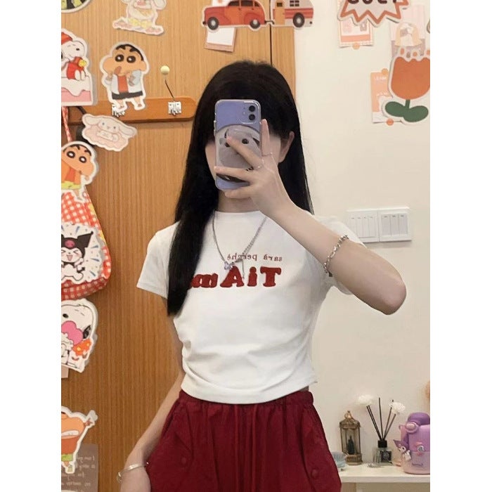 Pure Lust Pink Right Shoulder Short-Sleeved T-Shirt For Women Summer Design Niche Dopamine Wear Sweet And Spicy Short Top - Image 1