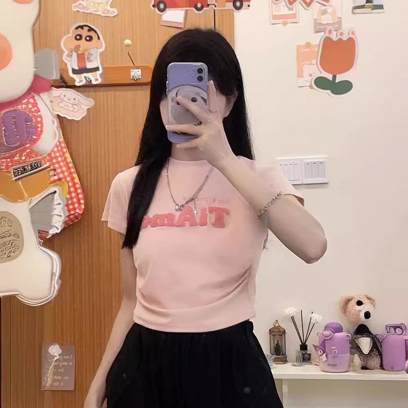 Pure Lust Pink Right Shoulder Short-Sleeved T-Shirt For Women Summer Design Niche Dopamine Wear Sweet And Spicy Short Top - Image 5