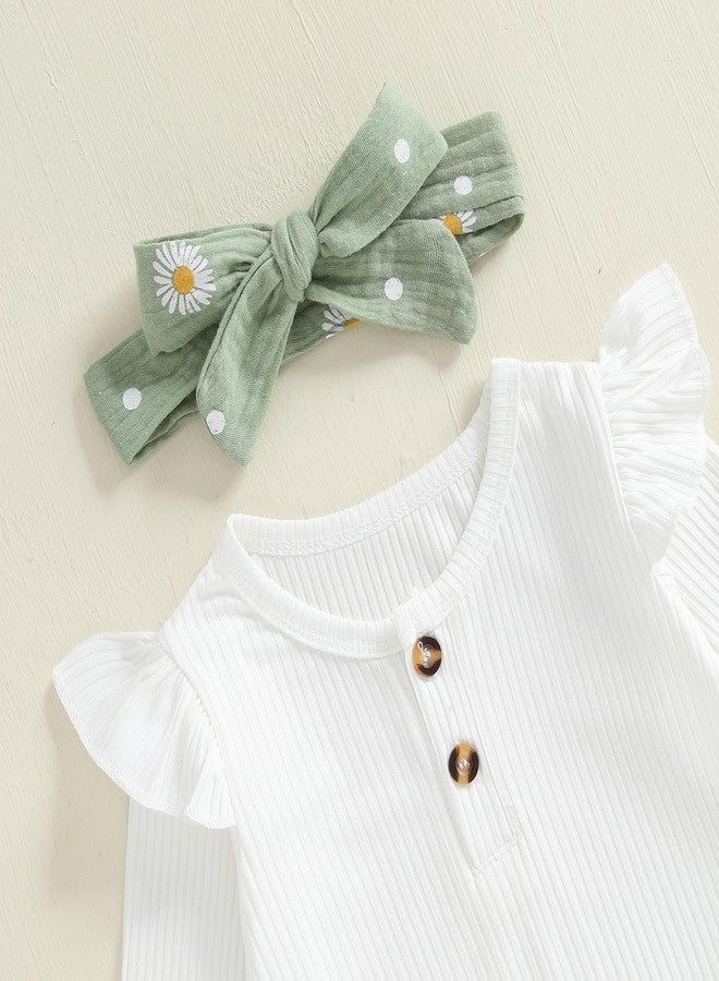 Mubineo Baby Girl Clothes Romper Pant Outfits Long Sleeve Bodysuit Tops Fashion Newborn Floral Bell Bottom Pant Outfit (Green Daisy, 0-3 Months) - Image 5