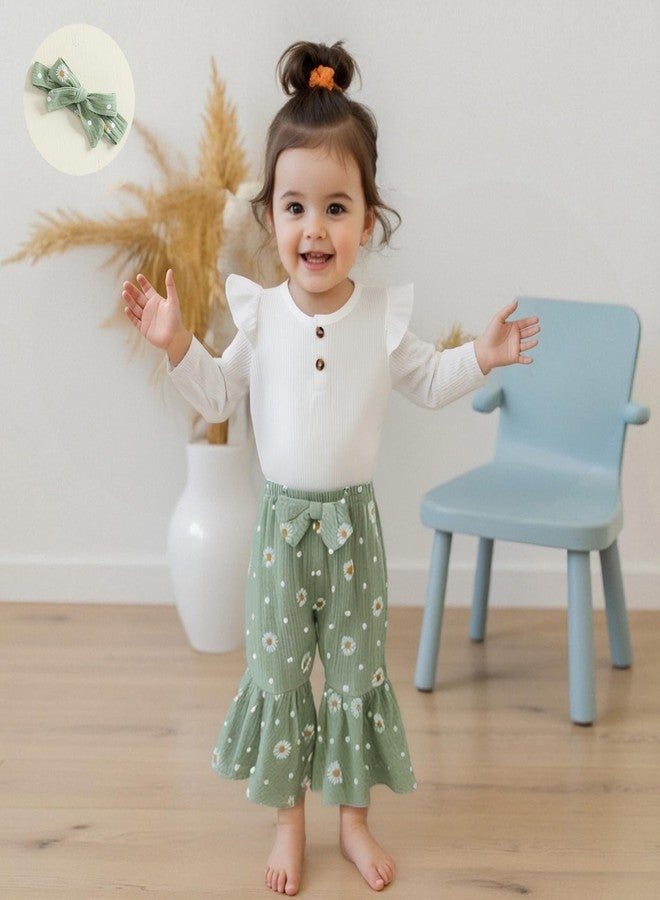 Mubineo Baby Girl Clothes Romper Pant Outfits Long Sleeve Bodysuit Tops Fashion Newborn Floral Bell Bottom Pant Outfit (Green Daisy, 0-3 Months) - Image 2