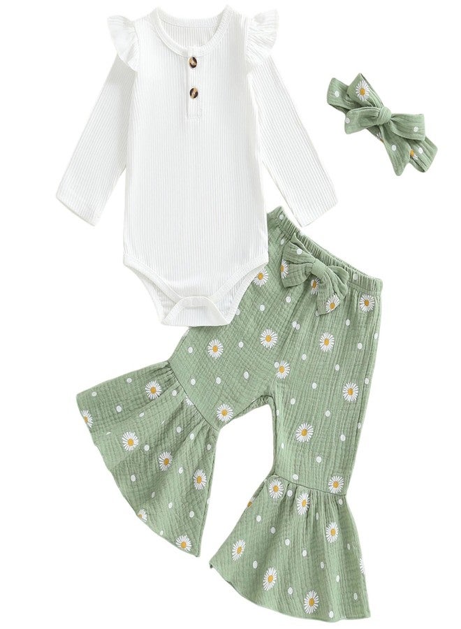 Mubineo Baby Girl Clothes Romper Pant Outfits Long Sleeve Bodysuit Tops Fashion Newborn Floral Bell Bottom Pant Outfit (Green Daisy, 0-3 Months) - Image 1