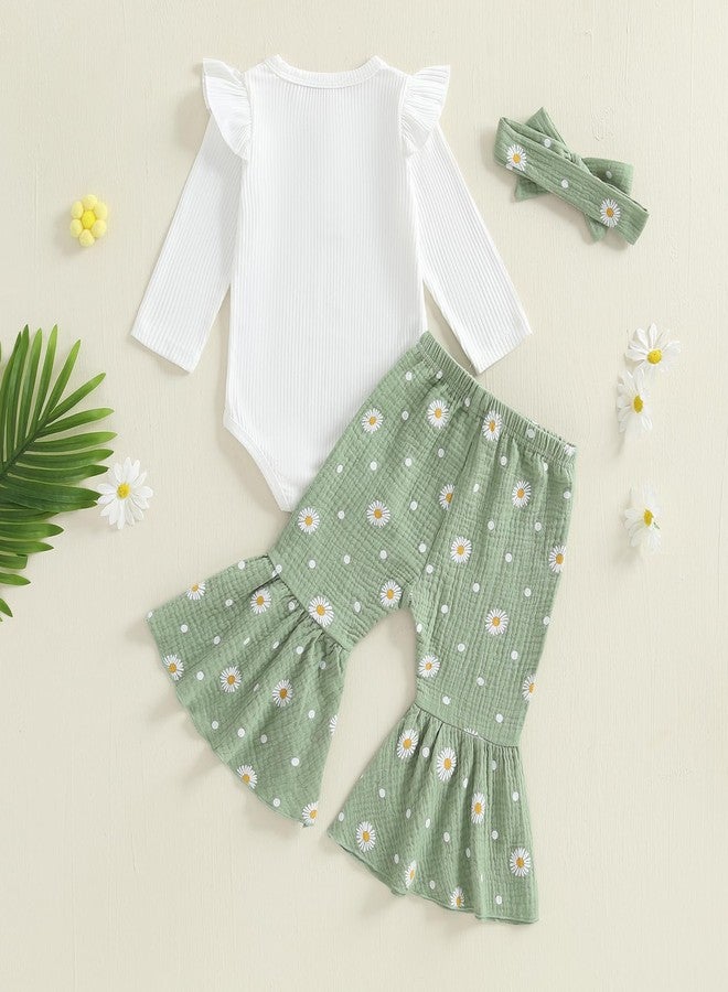Mubineo Baby Girl Clothes Romper Pant Outfits Long Sleeve Bodysuit Tops Fashion Newborn Floral Bell Bottom Pant Outfit (Green Daisy, 0-3 Months) - Image 4