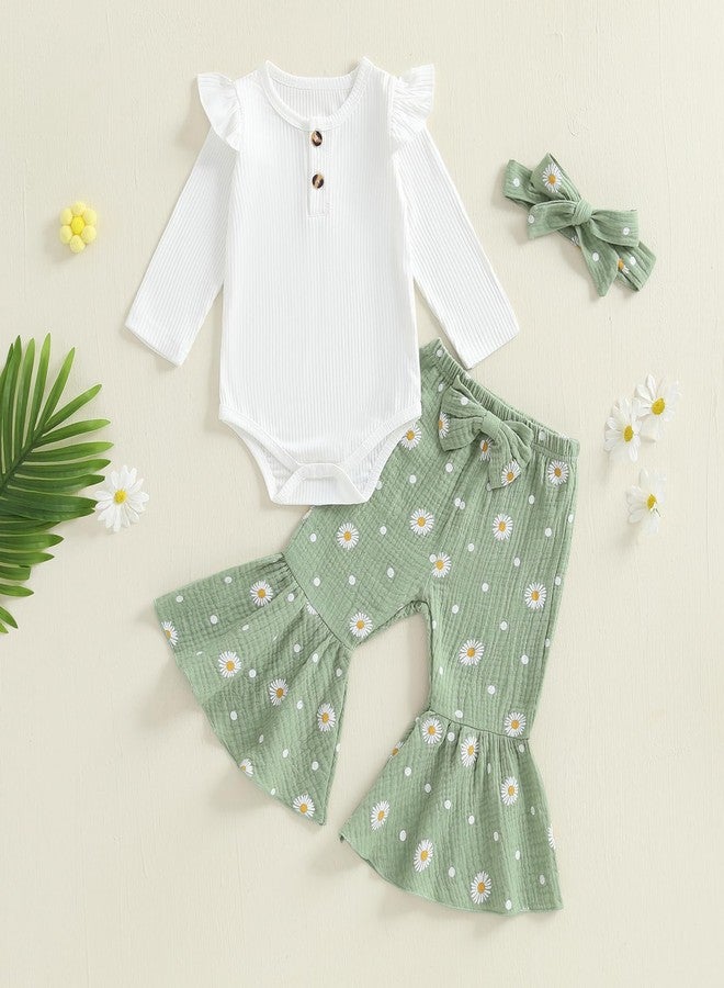 Mubineo Baby Girl Clothes Romper Pant Outfits Long Sleeve Bodysuit Tops Fashion Newborn Floral Bell Bottom Pant Outfit (Green Daisy, 0-3 Months) - Image 3