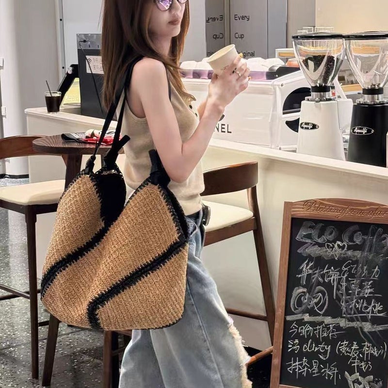 Women's Handwoven Striped Paper Tote Bag, Large Capacity - Image 3