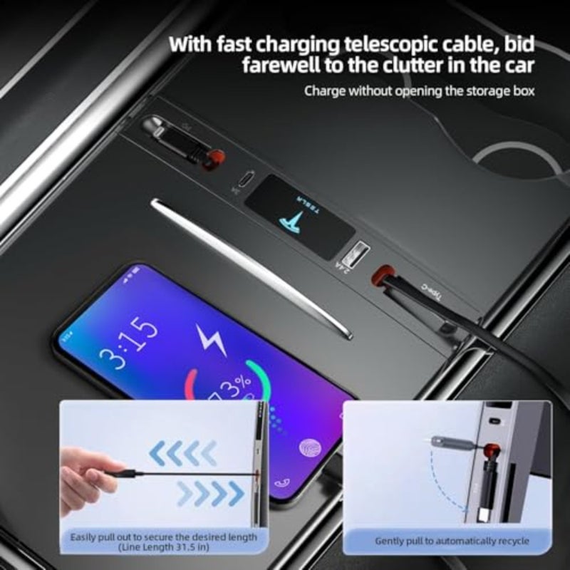 محور USB Tesla للاستخدام الداخلي لوحدة التحكم المركزية، وقاعدة إرساء قابلة للسحب من سبائك الألومنيوم باللون الأسود مع كابل شحن سريع واتصال متعدد المنافذ - Image 4