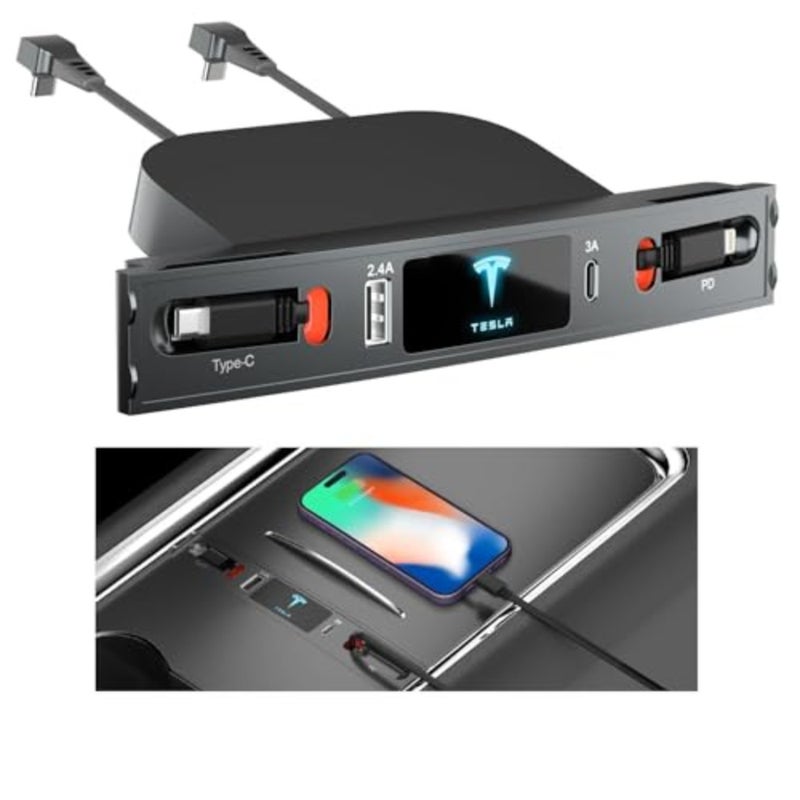 محور USB Tesla للاستخدام الداخلي لوحدة التحكم المركزية، وقاعدة إرساء قابلة للسحب من سبائك الألومنيوم باللون الأسود مع كابل شحن سريع واتصال متعدد المنافذ - Image 1