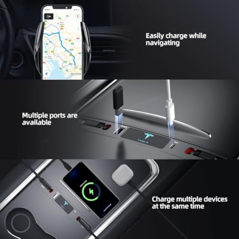 محور USB Tesla للاستخدام الداخلي لوحدة التحكم المركزية، وقاعدة إرساء قابلة للسحب من سبائك الألومنيوم باللون الأسود مع كابل شحن سريع واتصال متعدد المنافذ - Image 3