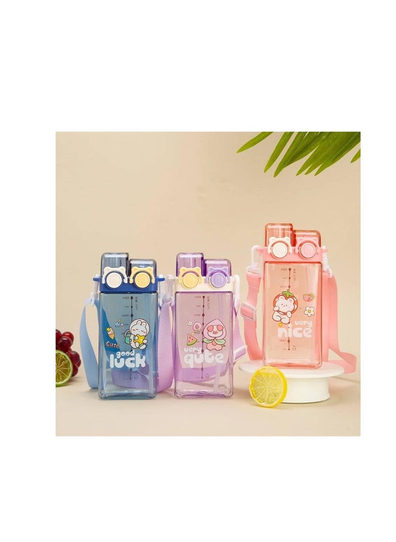 Double Wall Graduated Bottle - 2 Ways to Drink with Convenient Carrying Strap OM (Purple)