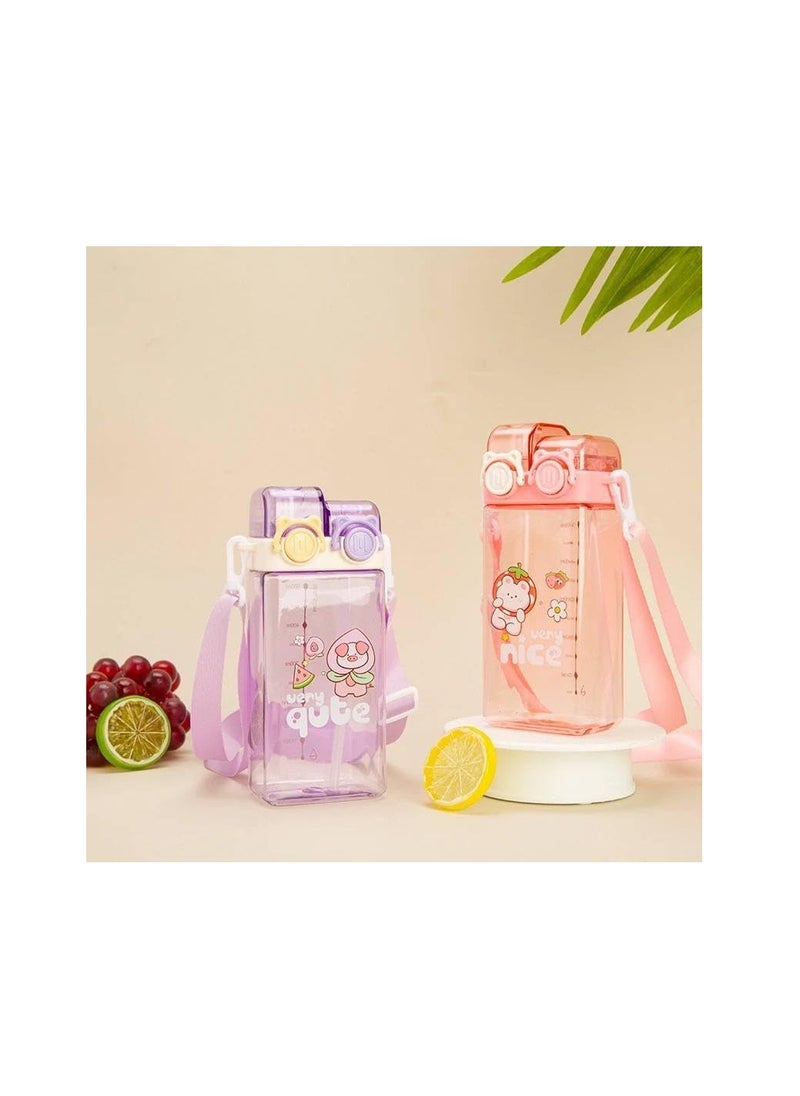Double Wall Graduated Bottle - 2 Ways to Drink with Convenient Carrying Strap OM (Purple)