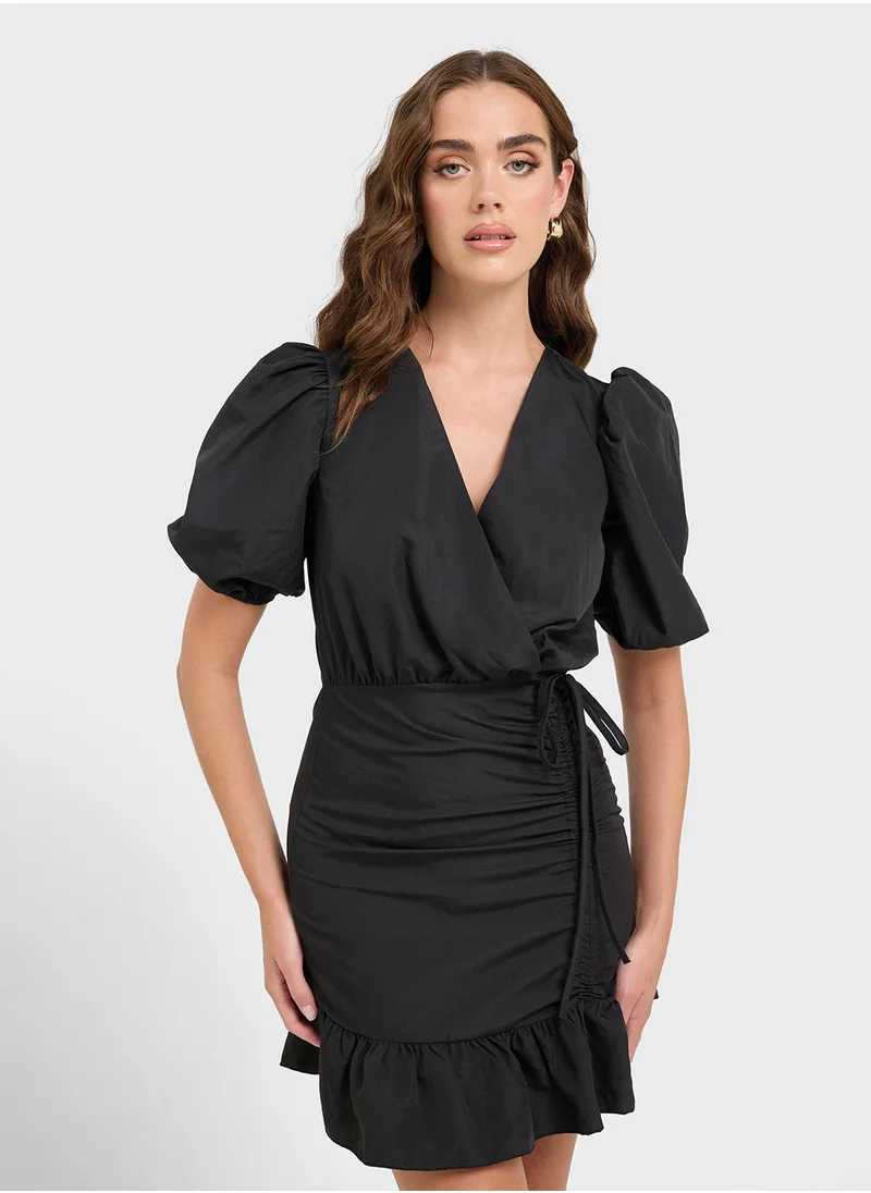 Ginger Puff Sleeves Wrap Mini Dress