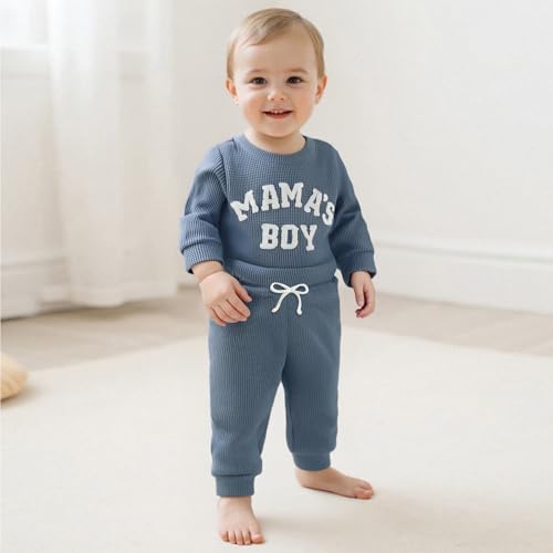 MERSARIPHY Newborn Baby Boy Fall Winter Clothes Mama's Boy Little Dude Outfit Embroidery Waffle Knit Romper Pants Sets (Blue-mama's boy, 0-3 Months) - Image 3