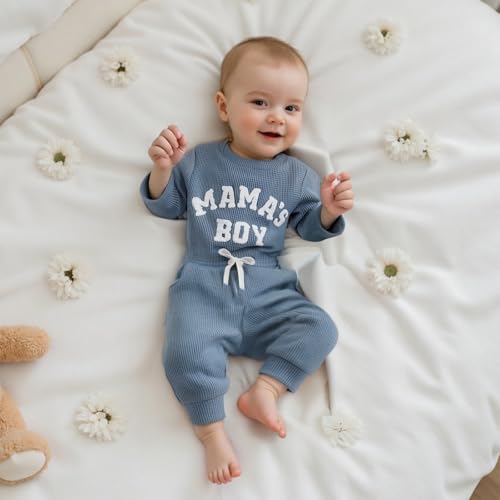 MERSARIPHY Newborn Baby Boy Fall Winter Clothes Mama's Boy Little Dude Outfit Embroidery Waffle Knit Romper Pants Sets (Blue-mama's boy, 0-3 Months) - Image 2