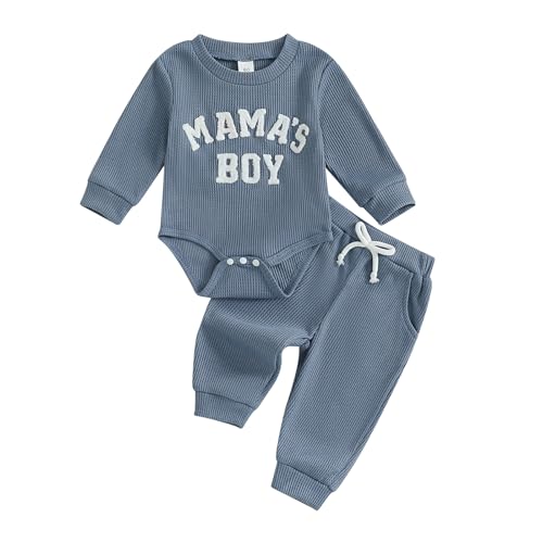MERSARIPHY Newborn Baby Boy Fall Winter Clothes Mama's Boy Little Dude Outfit Embroidery Waffle Knit Romper Pants Sets (Blue-mama's boy, 0-3 Months) - Image 1