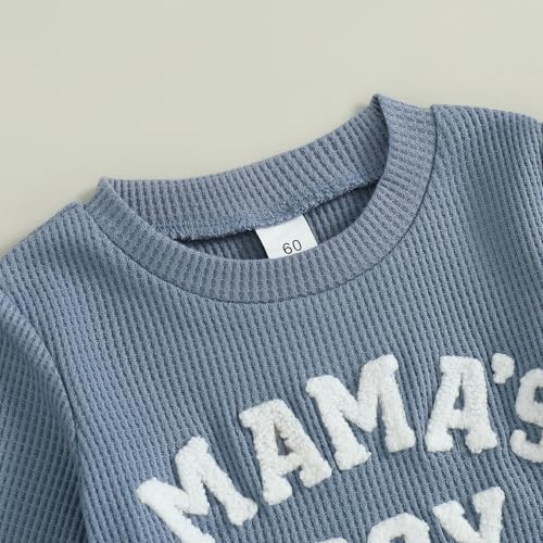 MERSARIPHY Newborn Baby Boy Fall Winter Clothes Mama's Boy Little Dude Outfit Embroidery Waffle Knit Romper Pants Sets (Blue-mama's boy, 0-3 Months) - Image 4