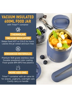 BEOLA 600ml Food Jar Lunch Box Food Thermos Stainless Steel Double Wall Insulated Travel Food Flask with Snack Tritan Container for Kids, Adults, 20oz (Marine Blue)  - Image 4