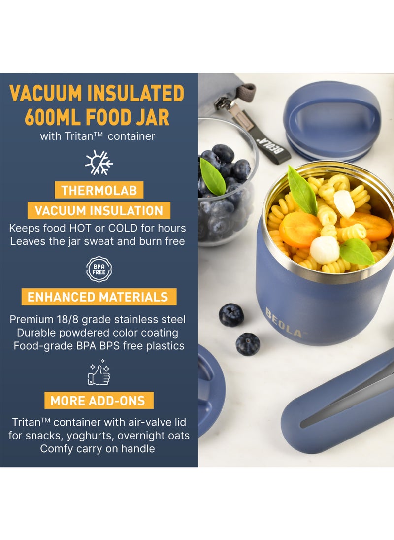 BEOLA 600ml Food Jar Lunch Box Food Thermos Stainless Steel Double Wall Insulated Travel Food Flask with Snack Tritan Container for Kids, Adults, 20oz (Marine Blue)  - Image 4
