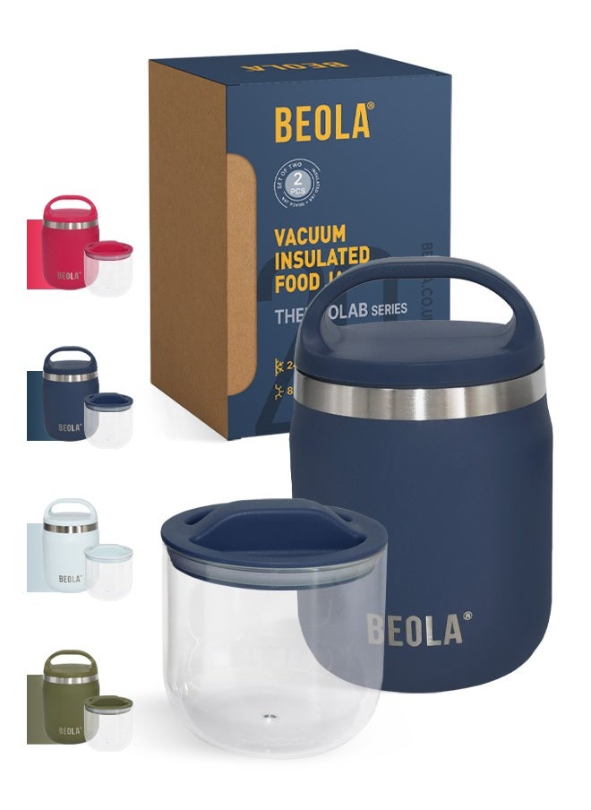 BEOLA 600ml Food Jar Lunch Box Food Thermos Stainless Steel Double Wall Insulated Travel Food Flask with Snack Tritan Container for Kids, Adults, 20oz (Marine Blue)  - Image 1