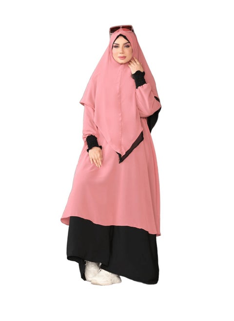 Edna material is crepe in chiffon, crepe in chiffon, it consists of 4 pieces, a niqab, a veil, a ribbon, and an abaya. The size can be worn up to 90 kilos for women.