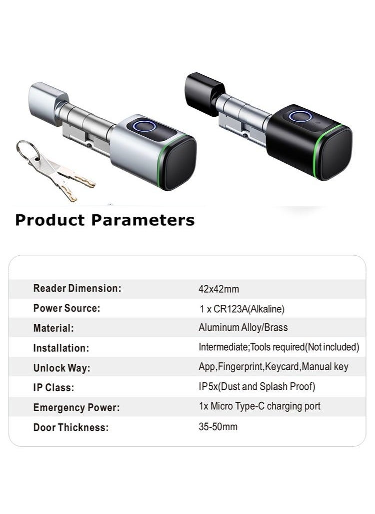 S1 Tuya BLE Smart Electronic Door Lock with DIY Cylinder Core Fingerprint APP Keys IC Card Unlock for Home Hotel (Black)