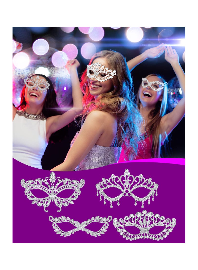 Zikra 4PCS Rhinestone Silver Masquerade Mask for Women, Fancy Crystal Eye Mask Elegant Silver Face Mask Rhinestone Encrusted Eye Mask Sparkly Masquerade Mask for Lady Costume Dress up Venetian Party Prom - Image 2