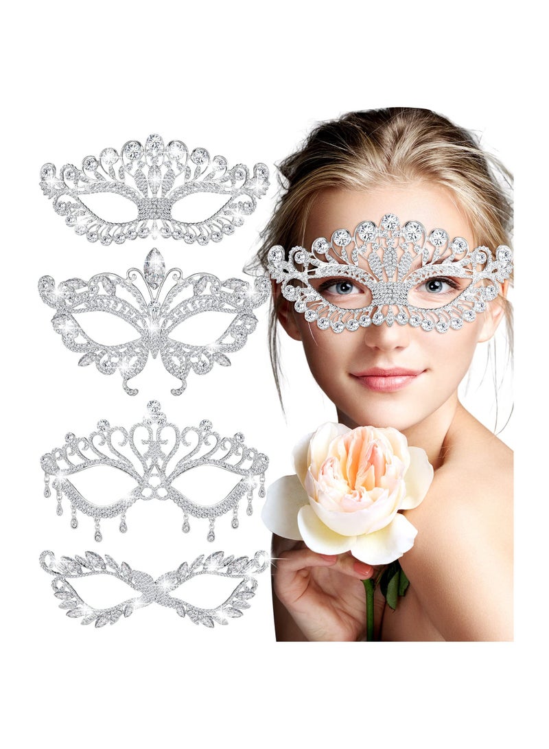 Zikra 4PCS Rhinestone Silver Masquerade Mask for Women, Fancy Crystal Eye Mask Elegant Silver Face Mask Rhinestone Encrusted Eye Mask Sparkly Masquerade Mask for Lady Costume Dress up Venetian Party Prom - Image 1