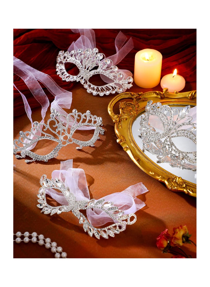 Zikra 4PCS Rhinestone Silver Masquerade Mask for Women, Fancy Crystal Eye Mask Elegant Silver Face Mask Rhinestone Encrusted Eye Mask Sparkly Masquerade Mask for Lady Costume Dress up Venetian Party Prom - Image 5