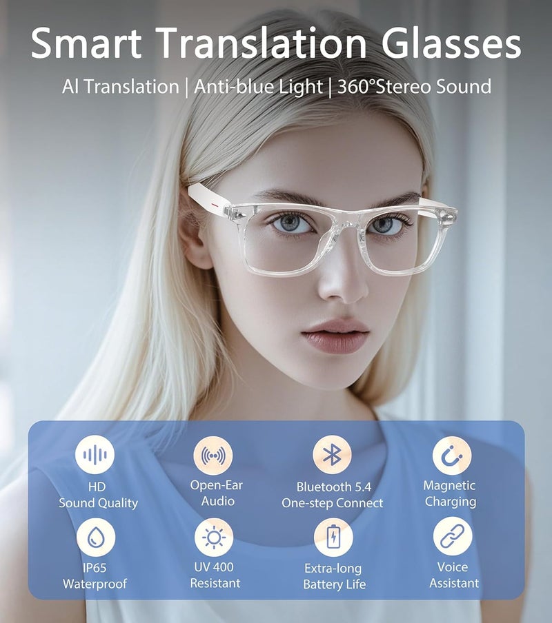 AI Smart Glasses, Multifunctional Bluetooth Glasses for Men & Women, 116 Languages & Accents Translator Glasses, Blue Light Filter & Polarized UV Protection Lenses Translation Glasses, White - Image 2