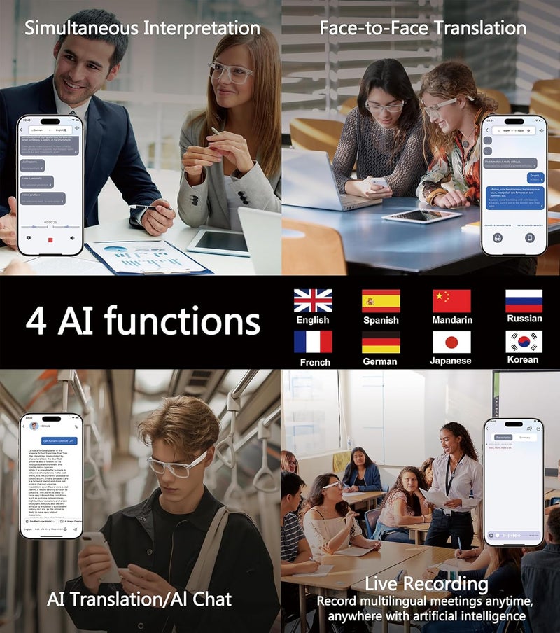 AI Smart Glasses, Multifunctional Bluetooth Glasses for Men & Women, 116 Languages & Accents Translator Glasses, Blue Light Filter & Polarized UV Protection Lenses Translation Glasses, White - Image 4