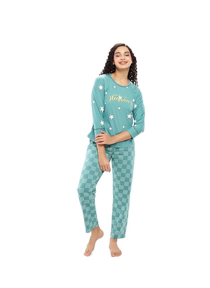 Women's Cotton Flash Printed Night Suit set of Shirt & Pajama Set
