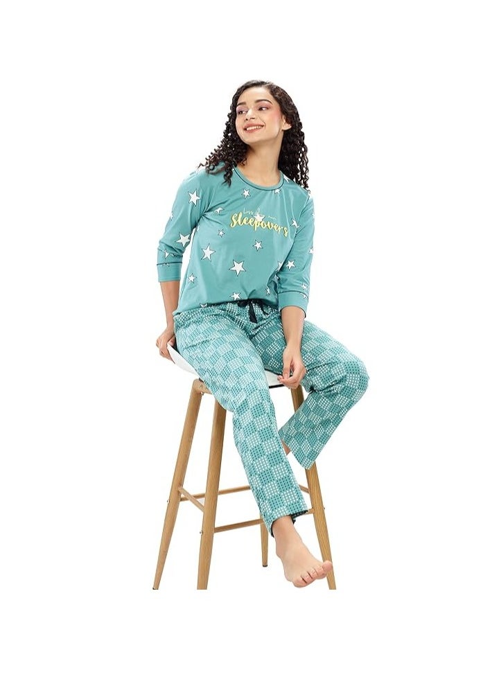 Women's Cotton Flash Printed Night Suit set of Shirt & Pajama Set