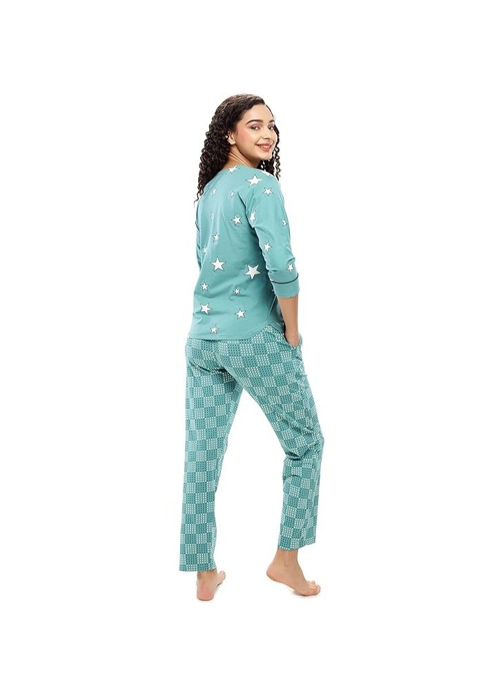 Women's Cotton Flash Printed Night Suit set of Shirt & Pajama Set