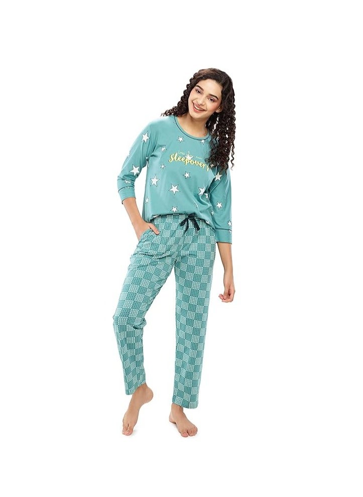 Women's Cotton Flash Printed Night Suit set of Shirt & Pajama Set