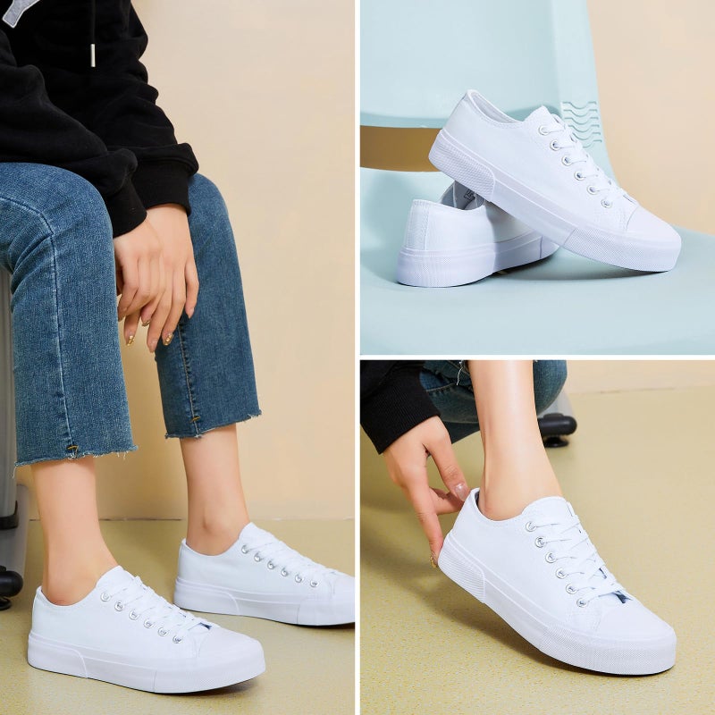 hash bubbie White Sneakers for Women Low Top Canvas Shoes Womens Canvas Sneakers Women's Fashion Sneakers Slip on Casual Tennis Shoesï¼ˆWhite Mono.US7ï¼‰ - Image 2