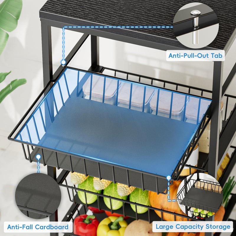 Venkuber Snack Cart, 5-Tier Kitchen Carts on Wheels with Storage,Fruit Basket Stand with Pull-Out Baskets and Wood Top,Kitchen Organizer for Fruit Vegetable Snack (Black) - Image 5