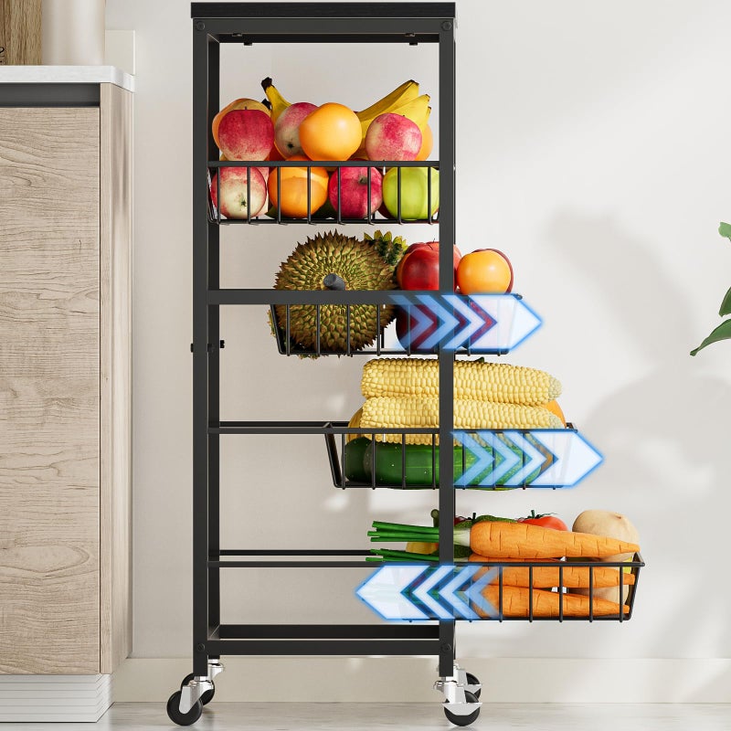Venkuber Snack Cart, 5-Tier Kitchen Carts on Wheels with Storage,Fruit Basket Stand with Pull-Out Baskets and Wood Top,Kitchen Organizer for Fruit Vegetable Snack (Black) - Image 4