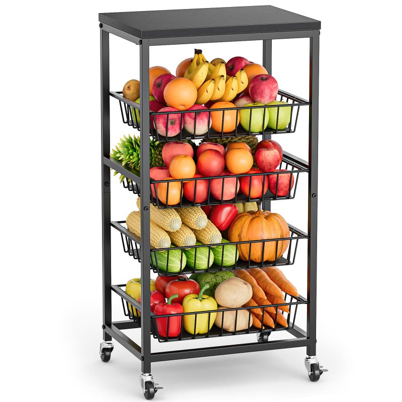 Venkuber Snack Cart, 5-Tier Kitchen Carts on Wheels with Storage,Fruit Basket Stand with Pull-Out Baskets and Wood Top,Kitchen Organizer for Fruit Vegetable Snack (Black) - Image 1