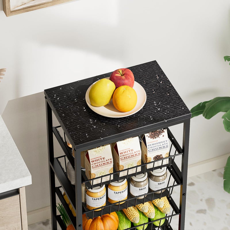 Venkuber Snack Cart, 5-Tier Kitchen Carts on Wheels with Storage,Fruit Basket Stand with Pull-Out Baskets and Wood Top,Kitchen Organizer for Fruit Vegetable Snack (Black) - Image 2