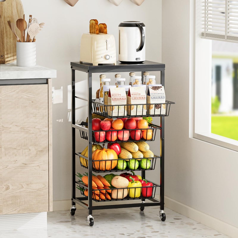Venkuber Snack Cart, 5-Tier Kitchen Carts on Wheels with Storage,Fruit Basket Stand with Pull-Out Baskets and Wood Top,Kitchen Organizer for Fruit Vegetable Snack (Black) - Image 3