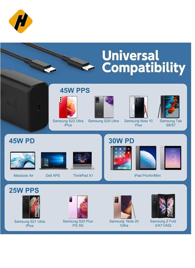 HuHa - 45W Super Fast for Samsung Galaxy S23 Ultra, S23+, S23, S22 Ultra 5G, S22+, S22, S20, S20 FE, S21, S10, A53, A33, A13, A03, M13 USB-C Phone Wall Plug for Samsung - Image 1