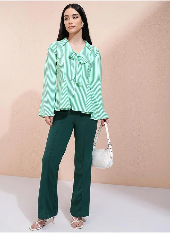 طوكيو توكيز Striped Bell Sleeve Shirt Top with Tie-Up Detail by Styli