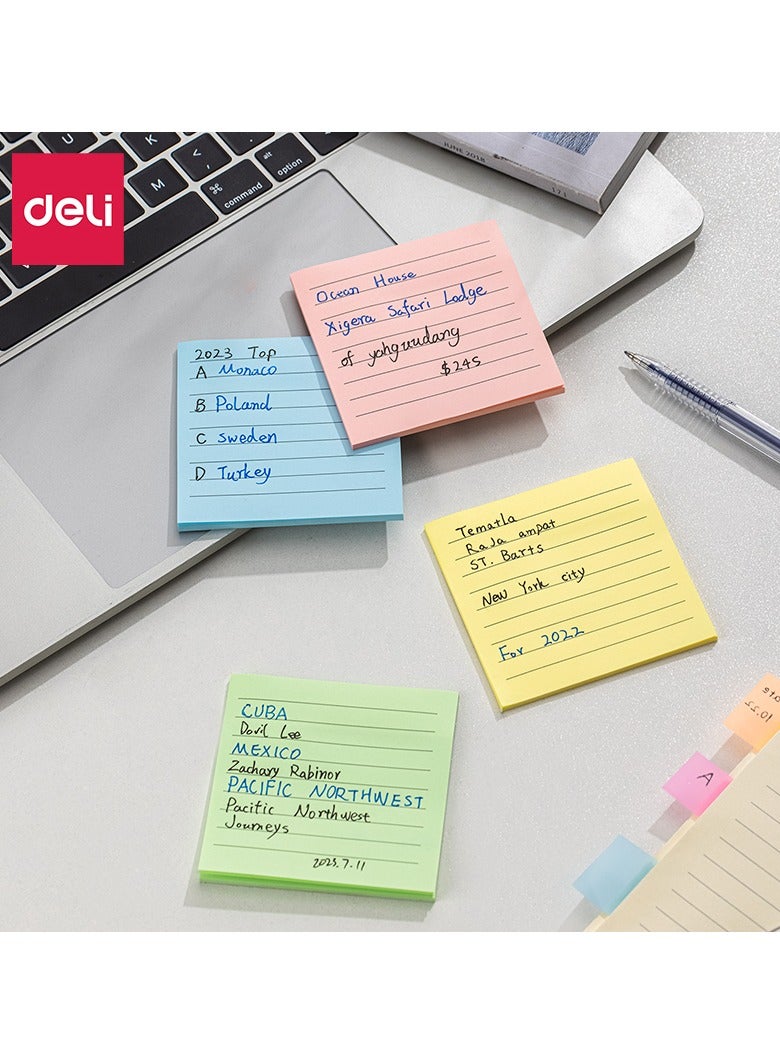 Deli ملاحظات لاصقة دلي EA045 1 قطعة، ورق 75 جرام، 76×76 مم، وردي، أصفر، أزرق، أخضر، 100 ورقة (4 دفاتر، 25 ورقة لكل دفتر)، قائمة المهام، سهل الإزالة، متنوع - Image 2