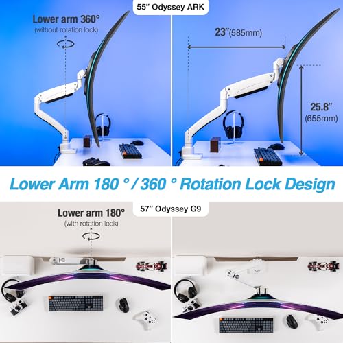 AVLT Single 17"-57" Super Ultrawide Monitor Arm for Screens Up to 59.5 lbs, Premium Aluminum Desk Stand, Adjustable Pneumatic Height, Full Motion Swivel Tilt Rotation, USB-C&A Ports, White - Image 5