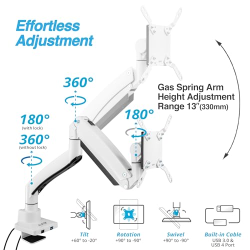 AVLT Single 17"-57" Super Ultrawide Monitor Arm for Screens Up to 59.5 lbs, Premium Aluminum Desk Stand, Adjustable Pneumatic Height, Full Motion Swivel Tilt Rotation, USB-C&A Ports, White - Image 3