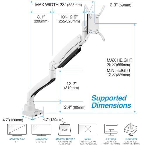 AVLT Single 17"-57" Super Ultrawide Monitor Arm for Screens Up to 59.5 lbs, Premium Aluminum Desk Stand, Adjustable Pneumatic Height, Full Motion Swivel Tilt Rotation, USB-C&A Ports, White - Image 2