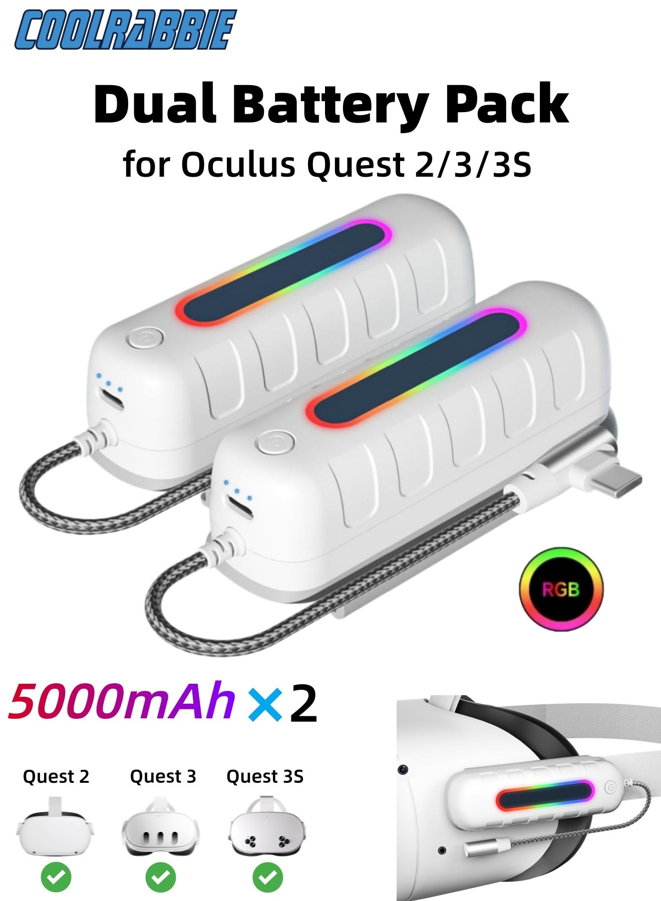 عبوة بطارية CoolRabbie 2 RGB لـ Oculus Meta Quest 2/3/3S، قدرة 5000 مللي أمبير مع أضواء RGB متعددة الألوان، خفيفة الوزن ومحمولة، م...