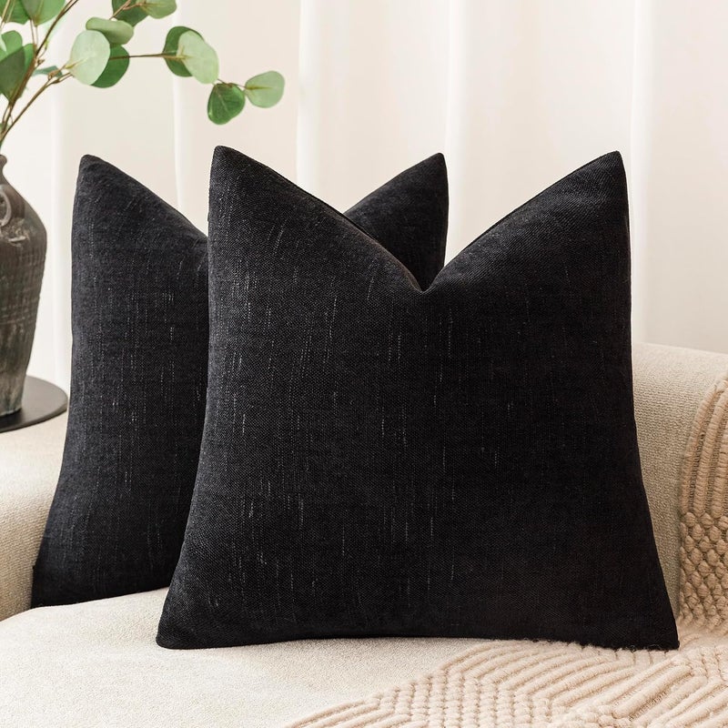 Foindtower Pack of 2 Soft Textured Chenille Throw Decorative Pillow Covers Square Accent Solid Cushion Cover Cozy Farmhouse Pillow Case with Zipper for Couch Sofa Bedroom Living Room 24x24 Inch, Black - Image 1