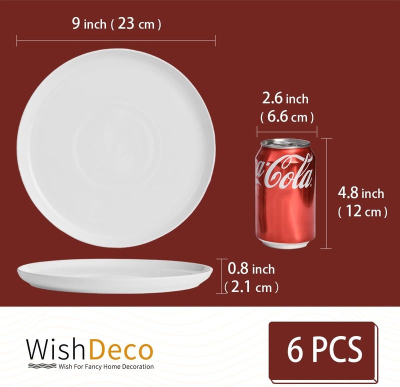 WishDeco White Dinner Plates Set of 6, Porcelain Salad Plates 桅9 inch/ 23 cm, Modern Kitchen Plate, Round Serving Dishes, Microwave and Dishwasher Safe, Scratch Resistant, Smooth Glaze - Image 3
