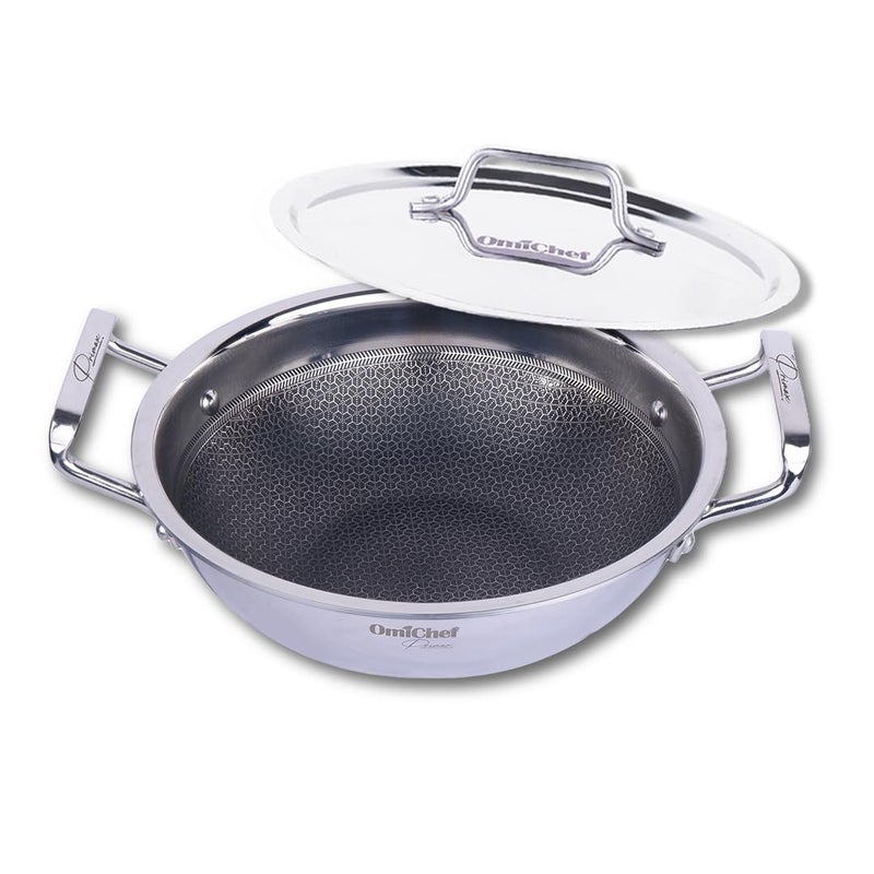 Omichef مقلاة أوميشيف ثلاثية الطبقات مع غطاء فولاذي | متوسطة 22 سم، 2.1 لتر، 1.46 كجم | مقلاة صديقة لل induction | جسم غير لاصق ثلاثي الطبقات، مع طلاء غير سام غير لاصق ومقابض فاخرة - Image 1